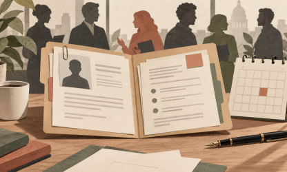 Editorial illustration of a personnel folder, calendar and pen with workplace colleagues in the background