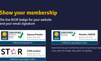 BIOR artwork showing live agency, recruiter and STAR membership badges with verification links