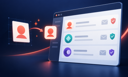 Editorial illustration of brand logos appearing beside emails in an authenticated inbox.