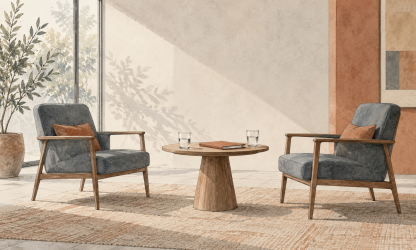 Watercolour illustration of two chairs facing each other across a table with a folder, representing a consultation meeting.