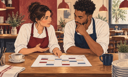 Editorial illustration of two restaurant colleagues discussing a weekly staff rota.