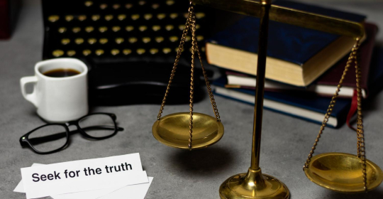 Scales of justice on a lawyer’s desk with law books, glasses, and paperwork, symbolising accuracy, compliance, and financial balance in law firm bookkeeping. 