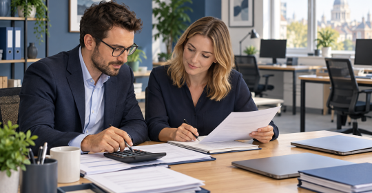 AI-generated editorial illustration of two accountants reviewing documents in an office.