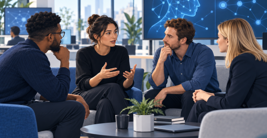 AI-generated editorial illustration of technology colleagues discussing concerns in an office.