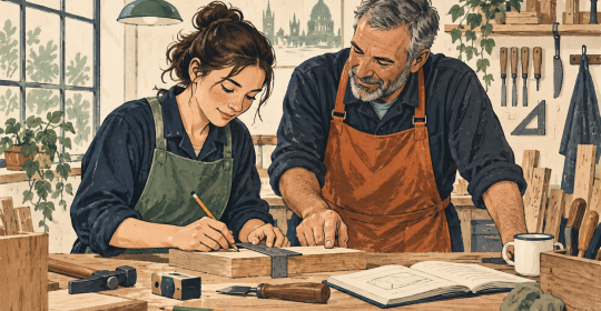 Editorial illustration of a young adult apprentice learning at a workbench with a mentor