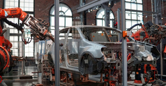 Automated automotive production line with robotic assembly Industrial robots assembling a car body on an automotive manufacturing line, representing workplace safety, automation, and modern vehicle production.