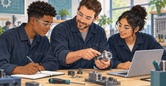 Editorial illustration of two young apprentices learning practical skills with a workplace mentor