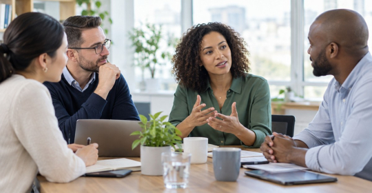 Illustration of colleagues taking part in a coaching conversation