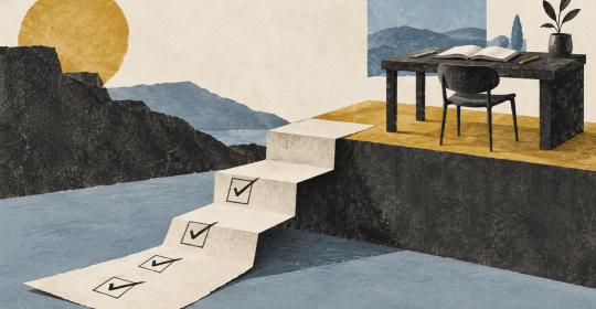 Editorial illustration of a checklist forming steps towards a desk and open book