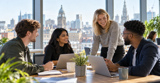 Young professionals collaborating in a Leeds office