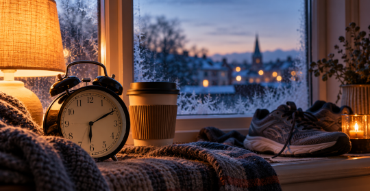 Finding balance beyond long working hours Clock and trainers by a winter window, representing work-life balance