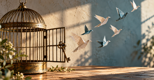 Non-compete reform and mobility Open birdcage with a key, representing career mobility