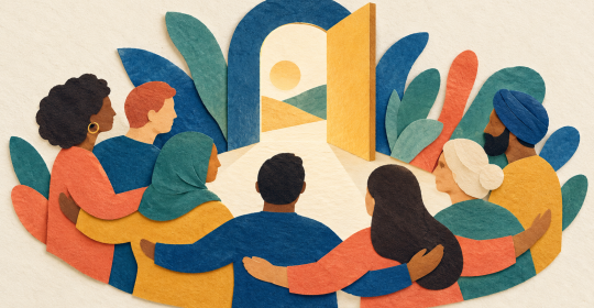 Building an inclusive workplace Paper collage showing people gathered around an open doorway