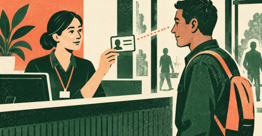 Editorial illustration of a receptionist comparing a generic identity card with a worker arriving