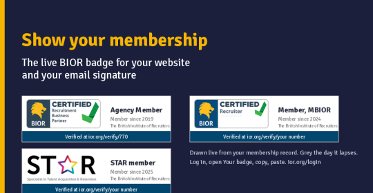 BIOR artwork showing live agency, recruiter and STAR membership badges with verification links