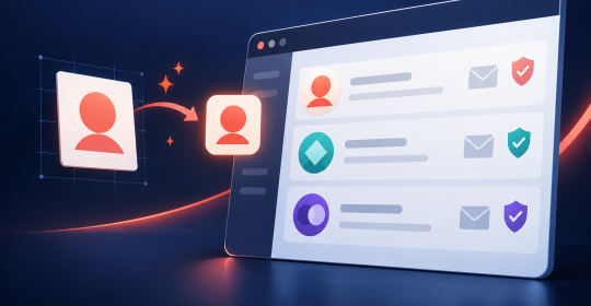 BIMI inbox branding — editorial illustration Editorial illustration of brand logos appearing beside emails in an authenticated inbox.
