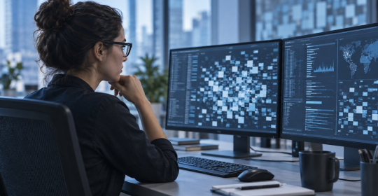 Illustration of a cybersecurity analyst reviewing fragmented data