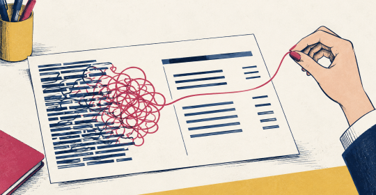 Ink illustration of a hand untangling a thread across an abstract payslip, representing clearer pay information.