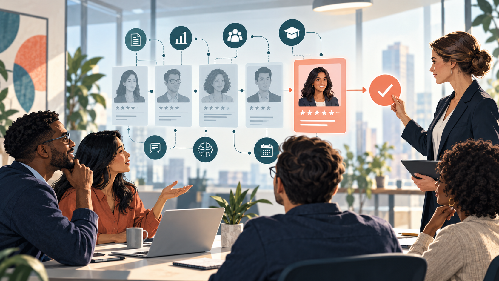 Hiring intelligence supports human recruitment decisions Editorial illustration of a recruitment team using a connected candidate decision board, with a manager making the final choice.
