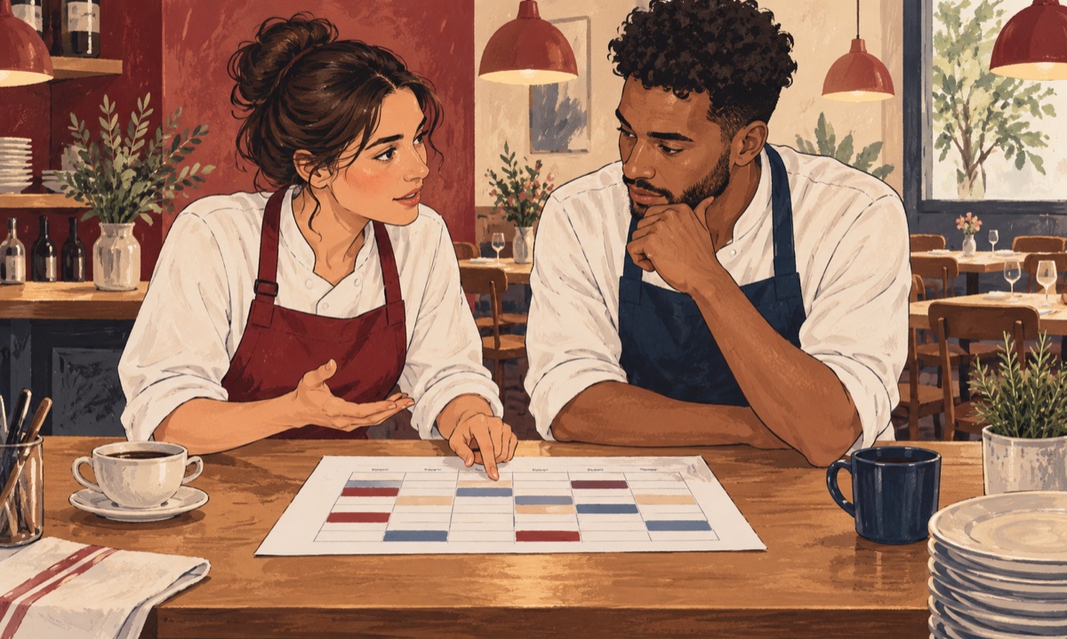 Editorial illustration of two restaurant colleagues discussing a weekly staff rota.