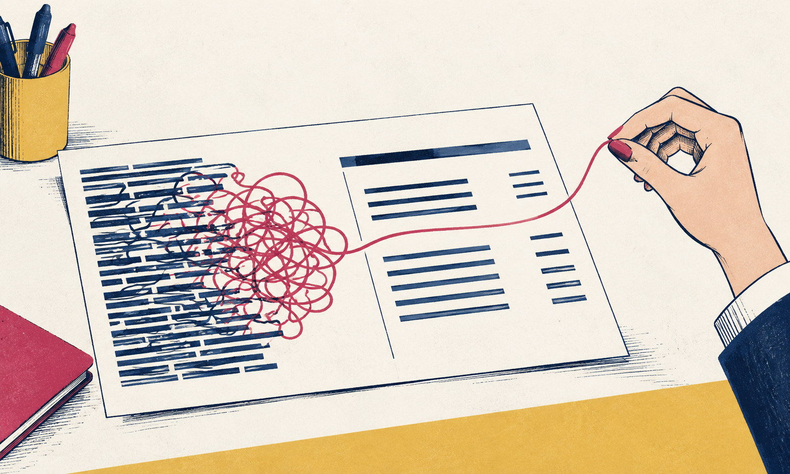 Ink illustration of a hand untangling a thread across an abstract payslip, representing clearer pay information.