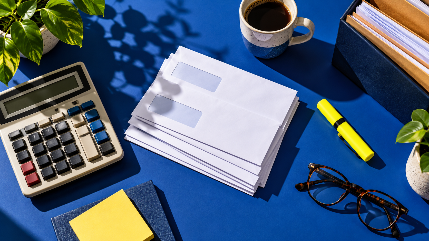 Payroll documents and calculator on a desk
